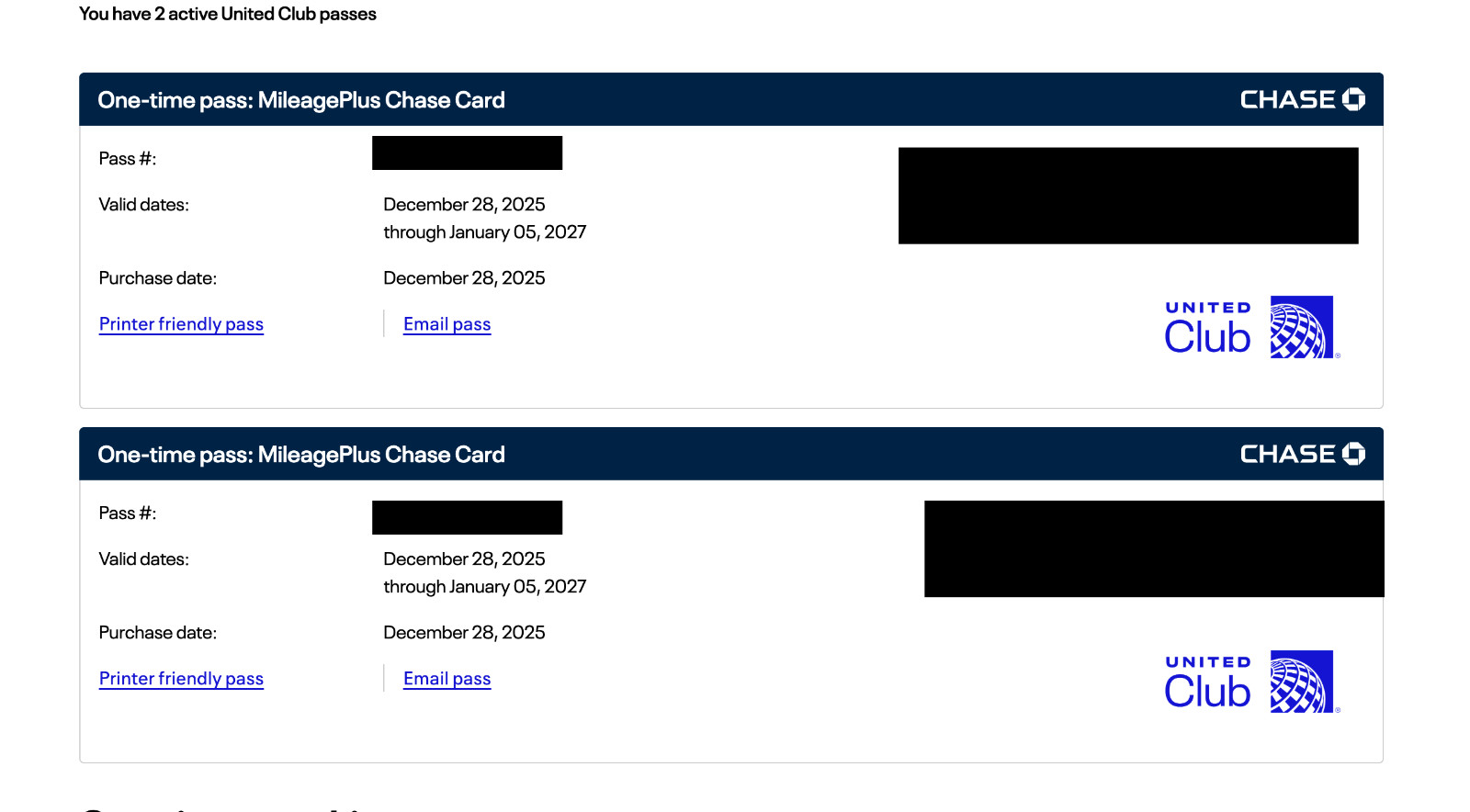 TWO (2) United Club Lounge One-Time Passes Expire 1/5/2027. Fast E-Delivery