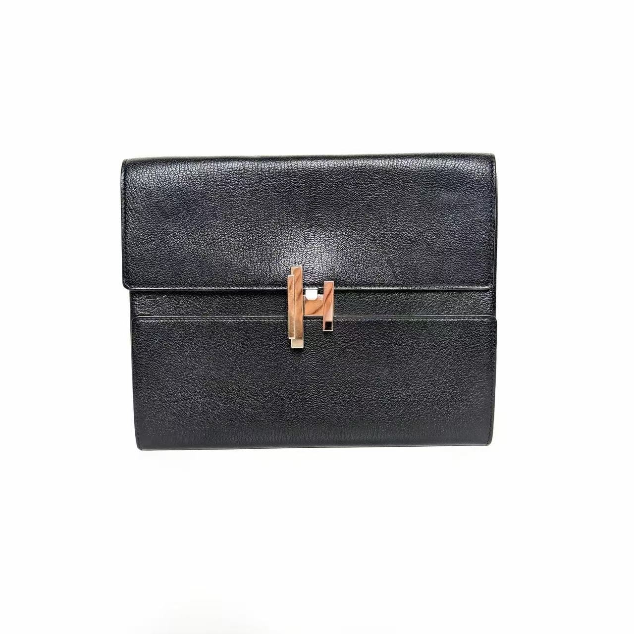 Auth Hermes Cinhetic To‑Go Black Chevre Leather Rose Gold Hardware Clutch Bag