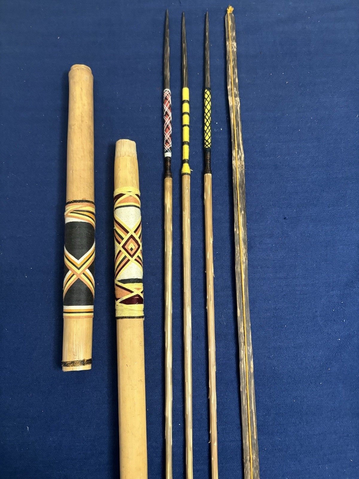 Vintage Primitive Bow And 3 Arrows Hand Craved Bamboo Wrapped Folk Art In Case