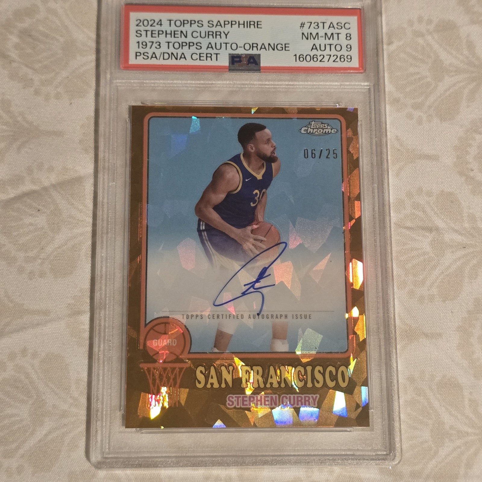 Topps 2024-25 Chrome Sapphire Stephen Curry 73TA-SC Orange /25 Auto