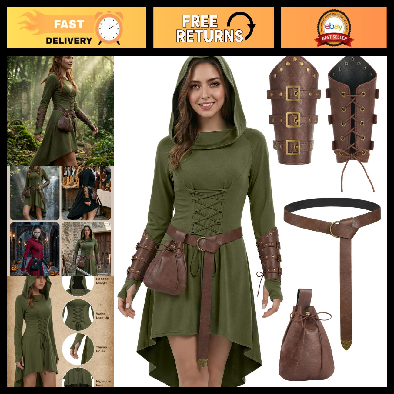 Medieval Hooded Robe Dress for Women - Renaissance Viking Halloween Costume