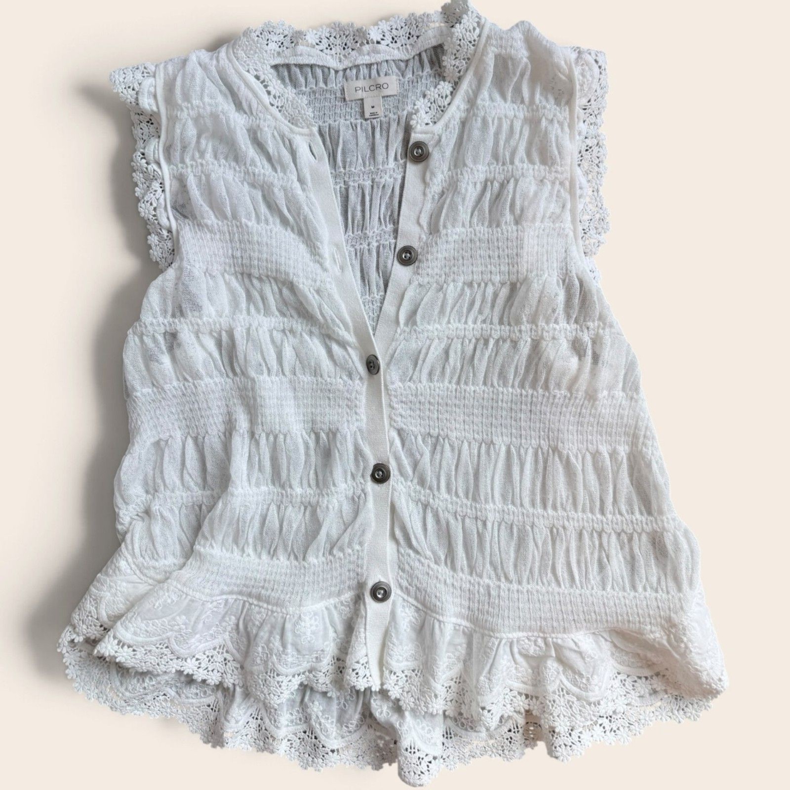 Anthropologie Pilcro White Smocked Lace Button Front Top M Boho Cottagecore