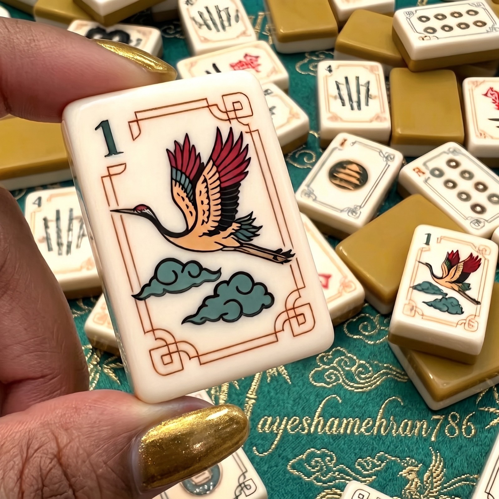 Turmeric Gold American Mahjong Set 160 Acrylic Tiles Crane Engraved Design