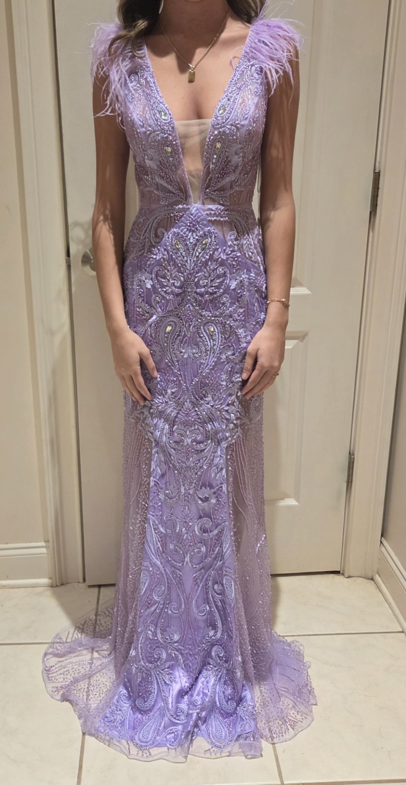 Jasz Couture Style 7226 Lilac Beaded Lace Mesh Feather Formal Gown Sz 0 prom