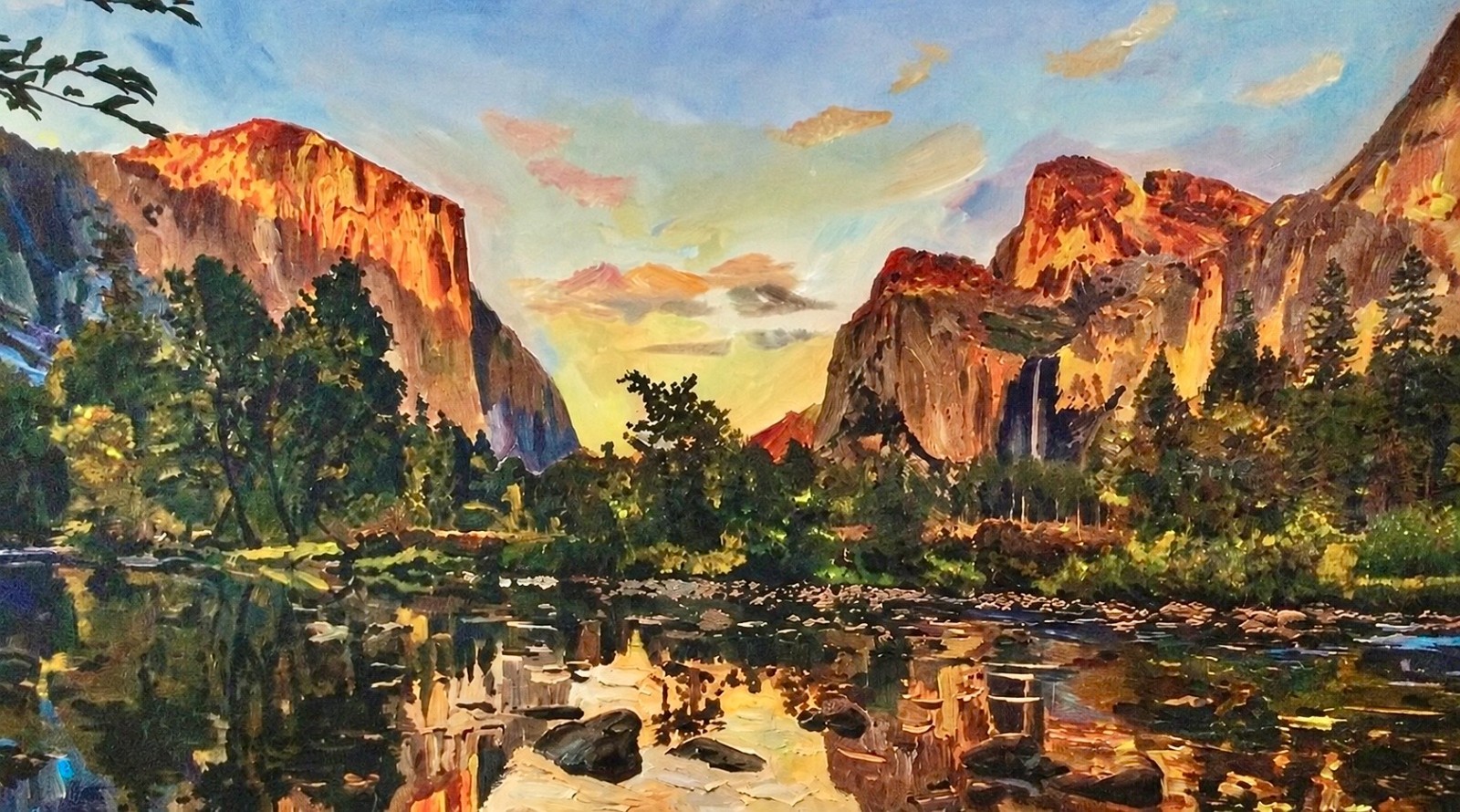 Original Hand Painted Mountain Sunset Landscape Painting, River Wall Art 35x23