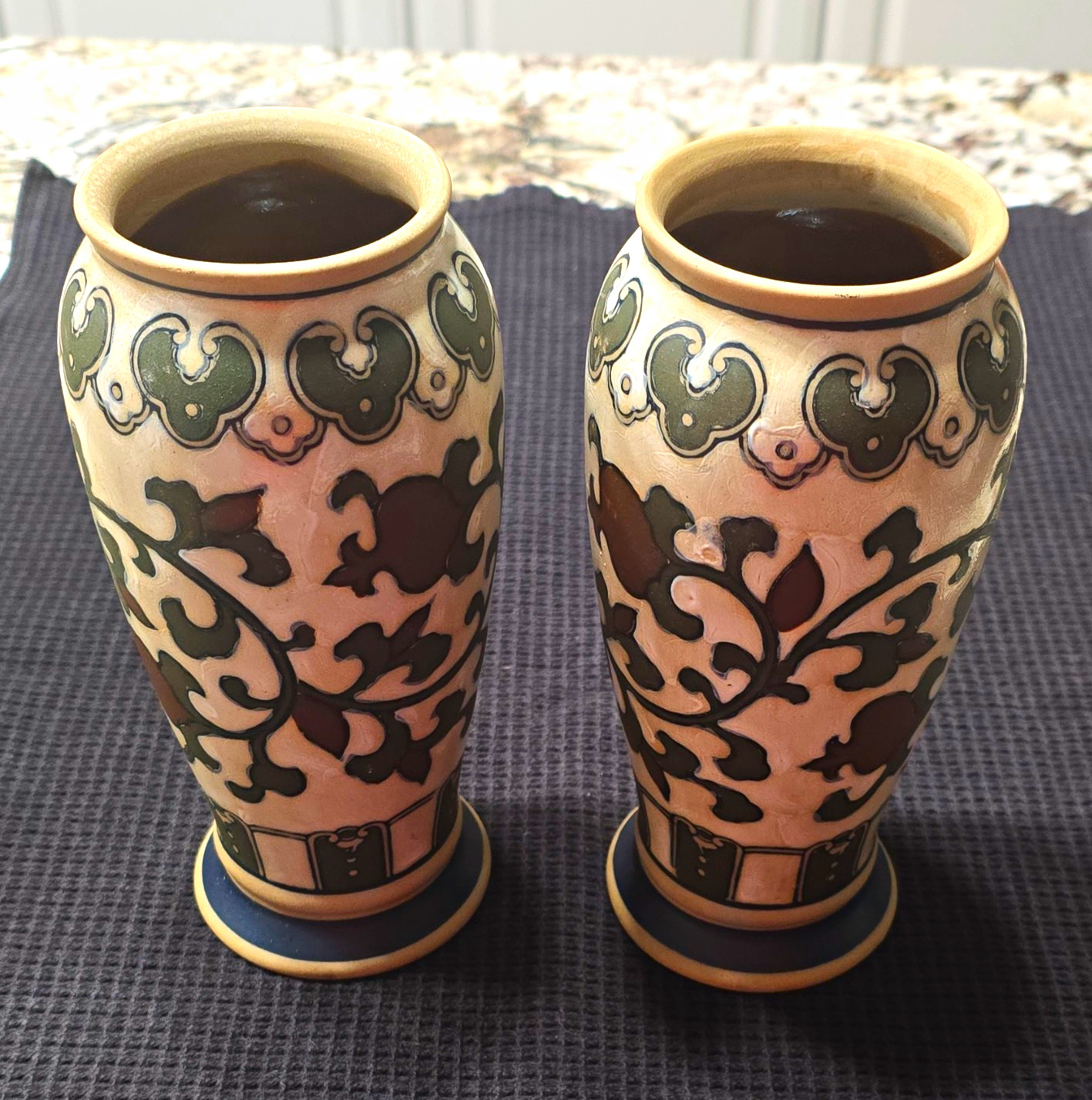 2-Ceramic Pair Abstract Decorative Vases Beige Green Brown Blue Design 9 in 2-Ceramic Pair Abstract Decorative Vases Beige Green Brown Blue Design 9 in