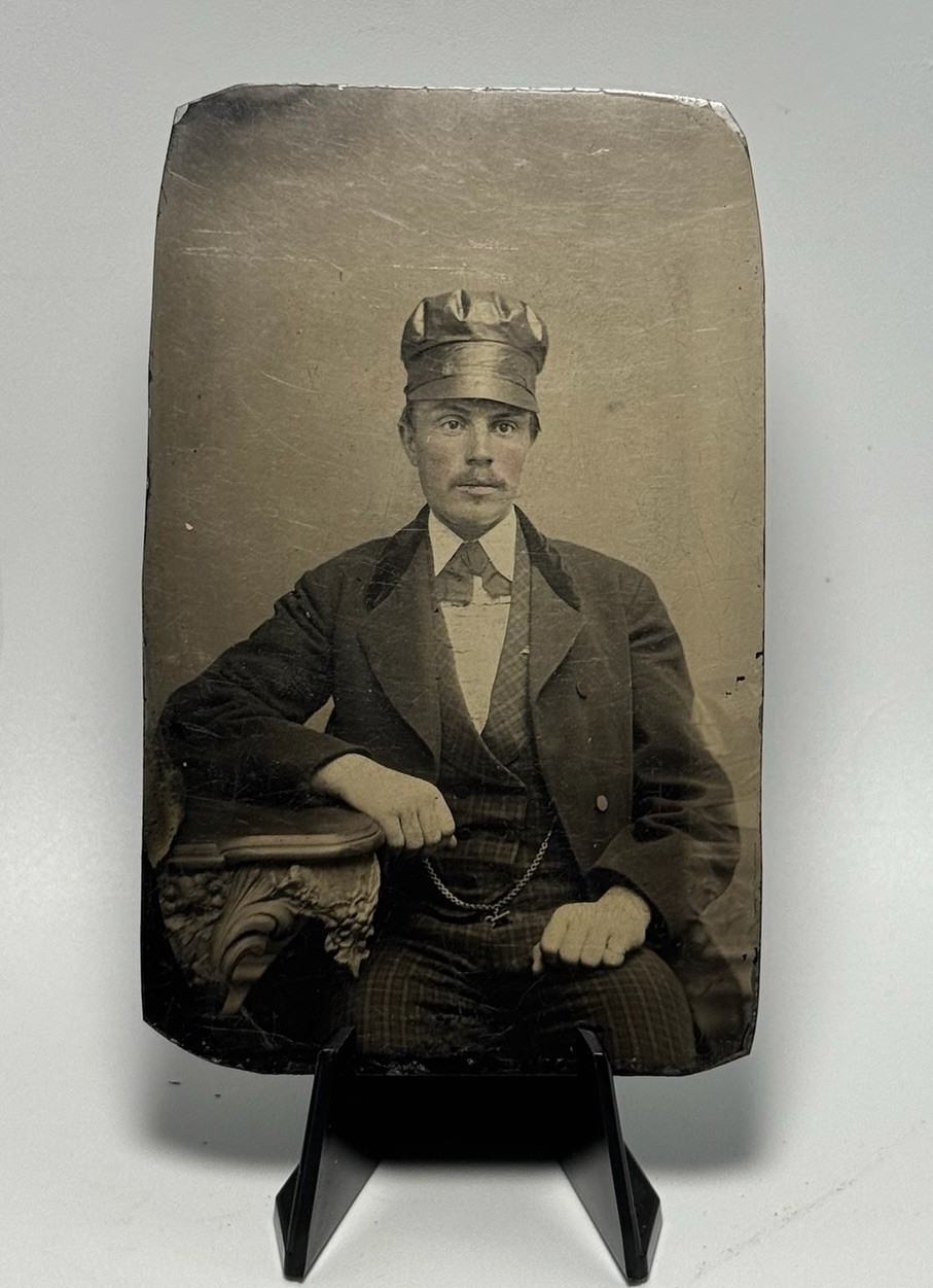 Antique Tintype Photo Young Man w/ Hat Victorian Portrait Ferrotype 1800s 4x2.25