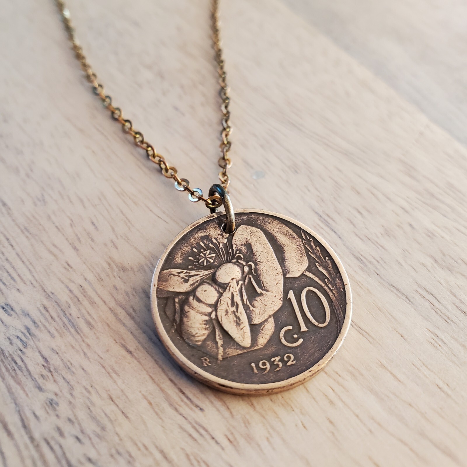 Vintage Italy Honeybee Coin Necklace, Beekeeper Gift, Antique 10 Centesimi Coin