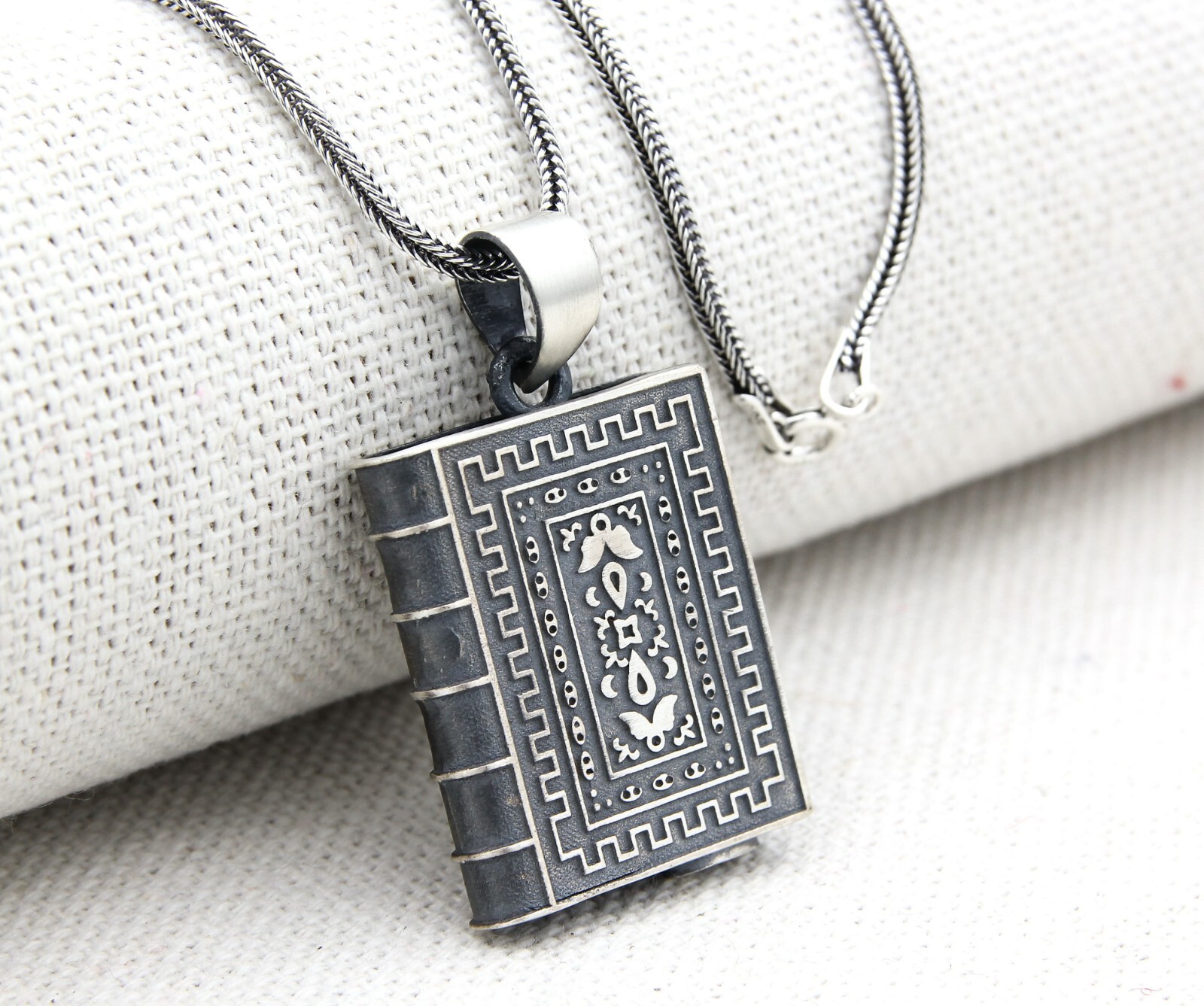 Turkish 925K Silver Amulet Taweez Holder Locket Prayer Box Men Necklace # 471