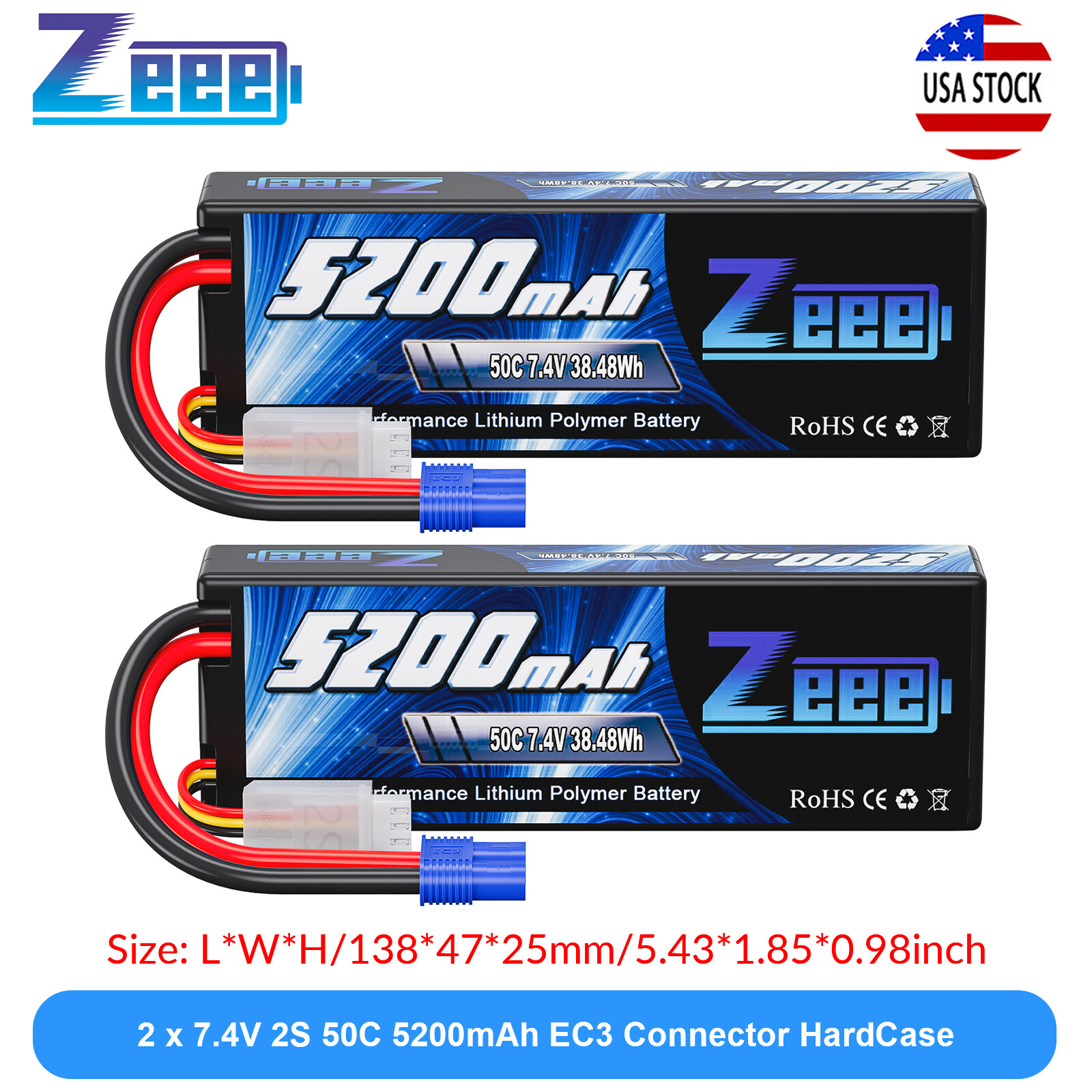 2xZeee 2S 5200mAh Lipo Battery 7.4V 50C EC3 for 1/8 1/10 RC Vehicles Car Truck 