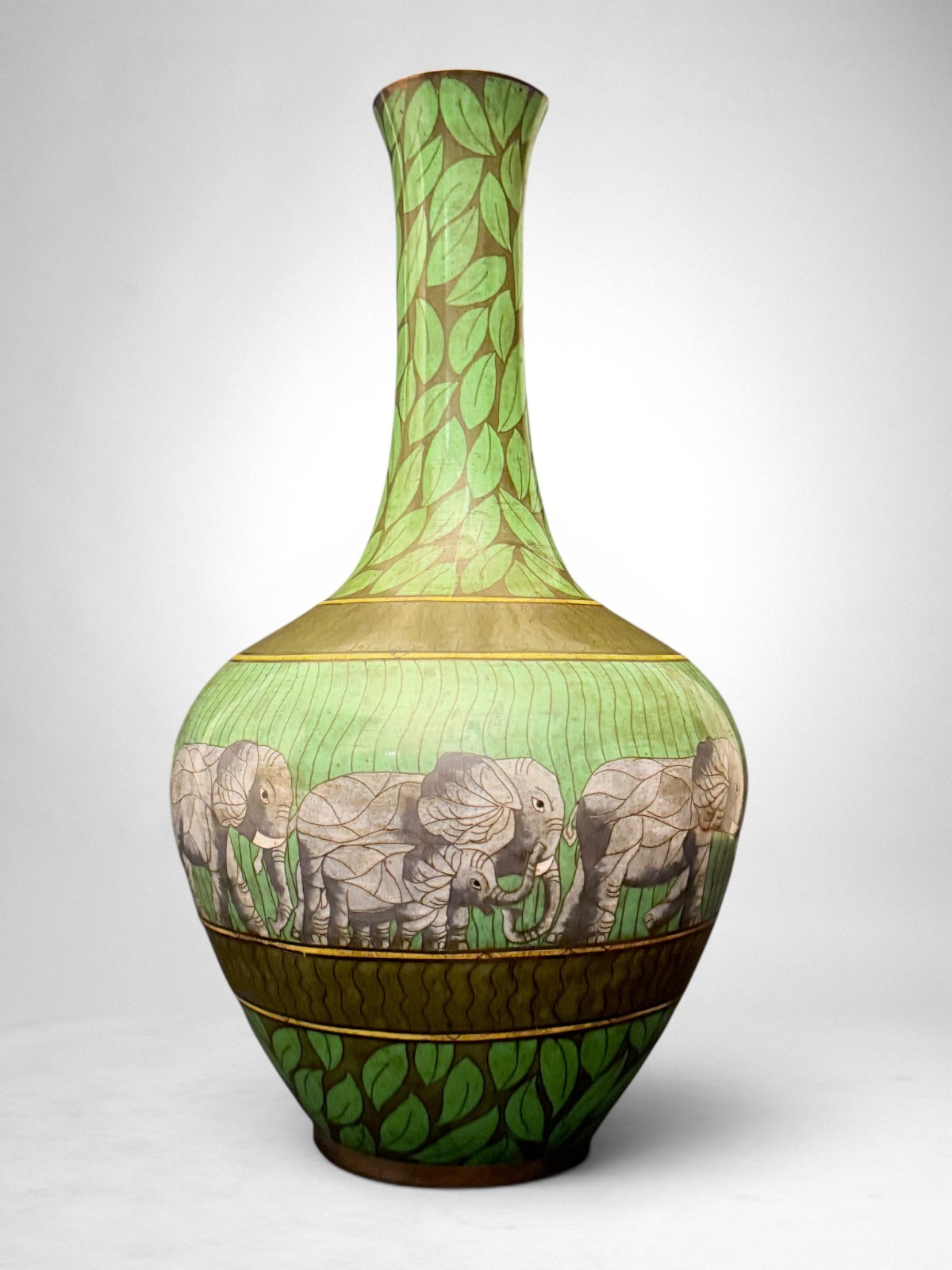 Exceptional Large Chinese Cloisonné Vase Elephant Frieze Green Enamel 19”