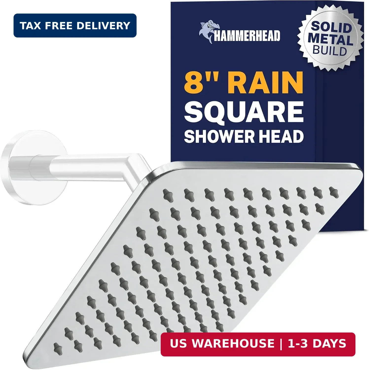HammerHead Metal Square Rain Shower Head High Pressure Rainfall, 8 Inch