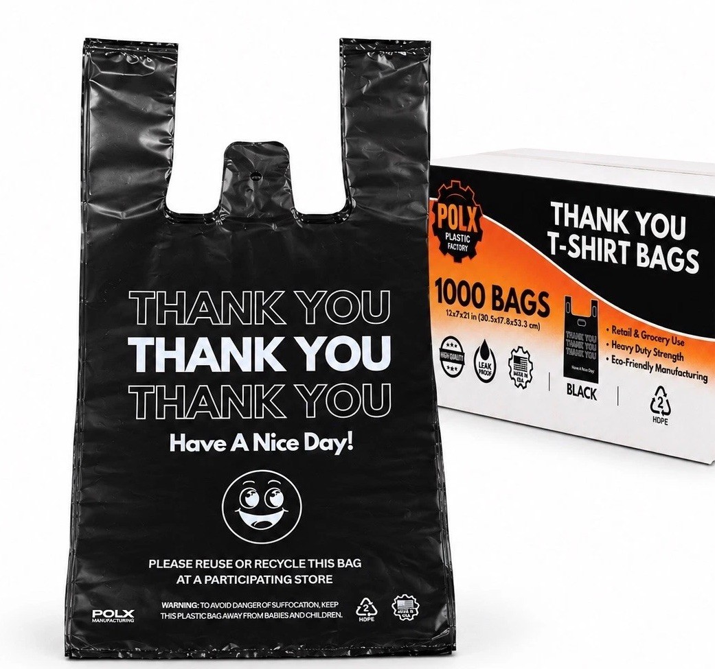1000 Black Thank You T-Shirt Bags Easy Open HDPE Grocery Carryout 12x7x22 USA