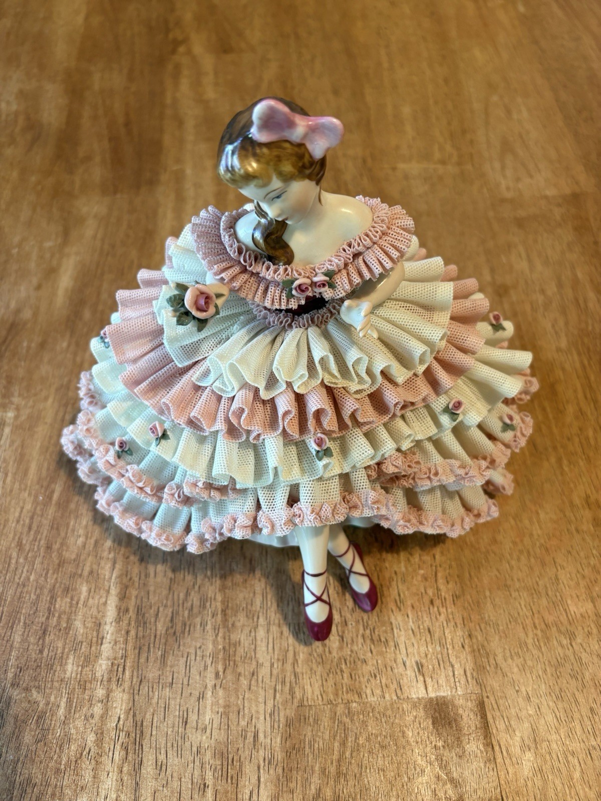 Antique Dresden Style Porcelain Lace Figurine, Lady With Flower, Germany Rare
