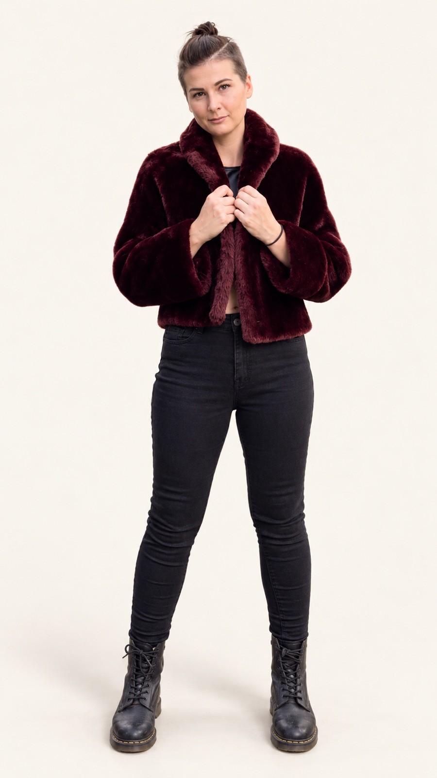 Vintage Red Mouton Fur Jacket Plush Sheared Lamb Cropped Coat Fluffy Burgundy
