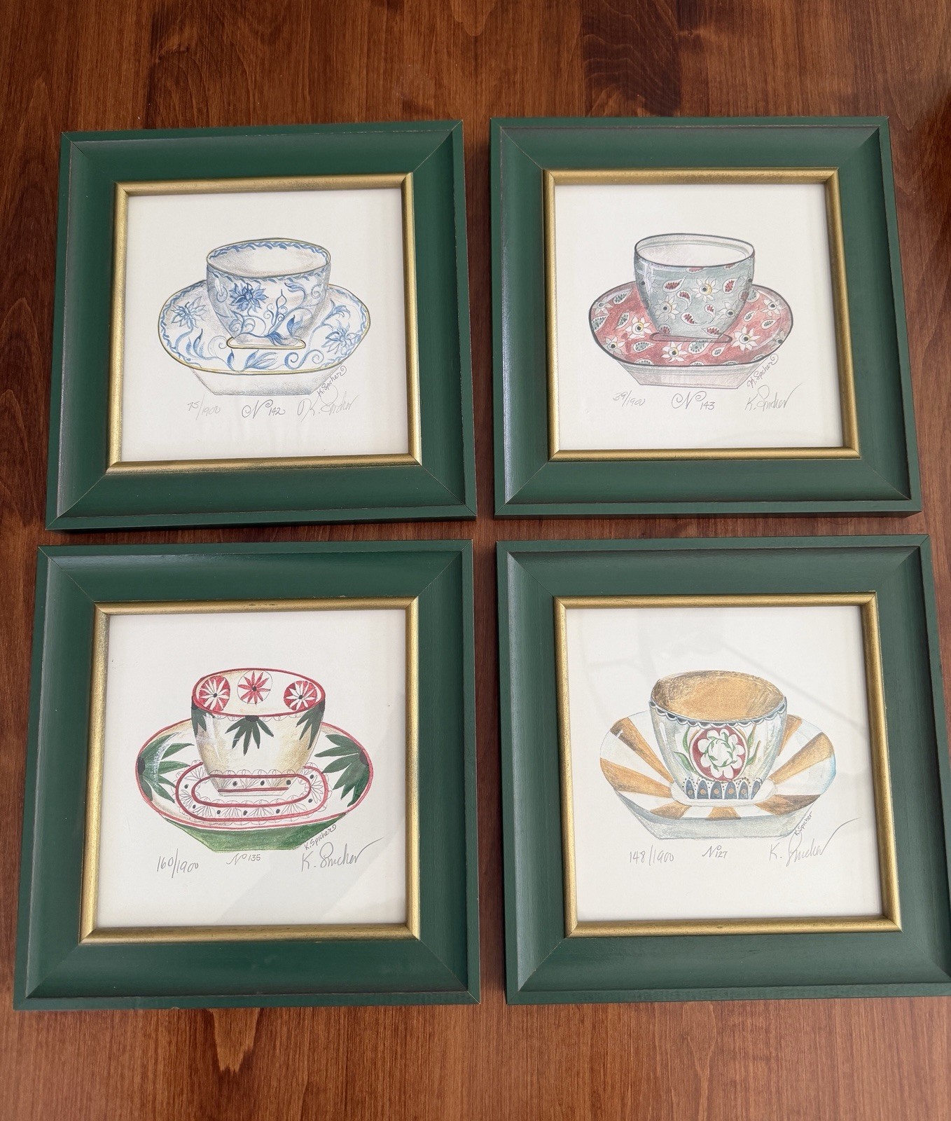 Kolene Spicher Set of 4 Signed Numbered Framed Lithographs Tea Cup Theme Kolene Spicher Set of 4 Signed Numbered Framed Lithographs Tea Cup Theme
