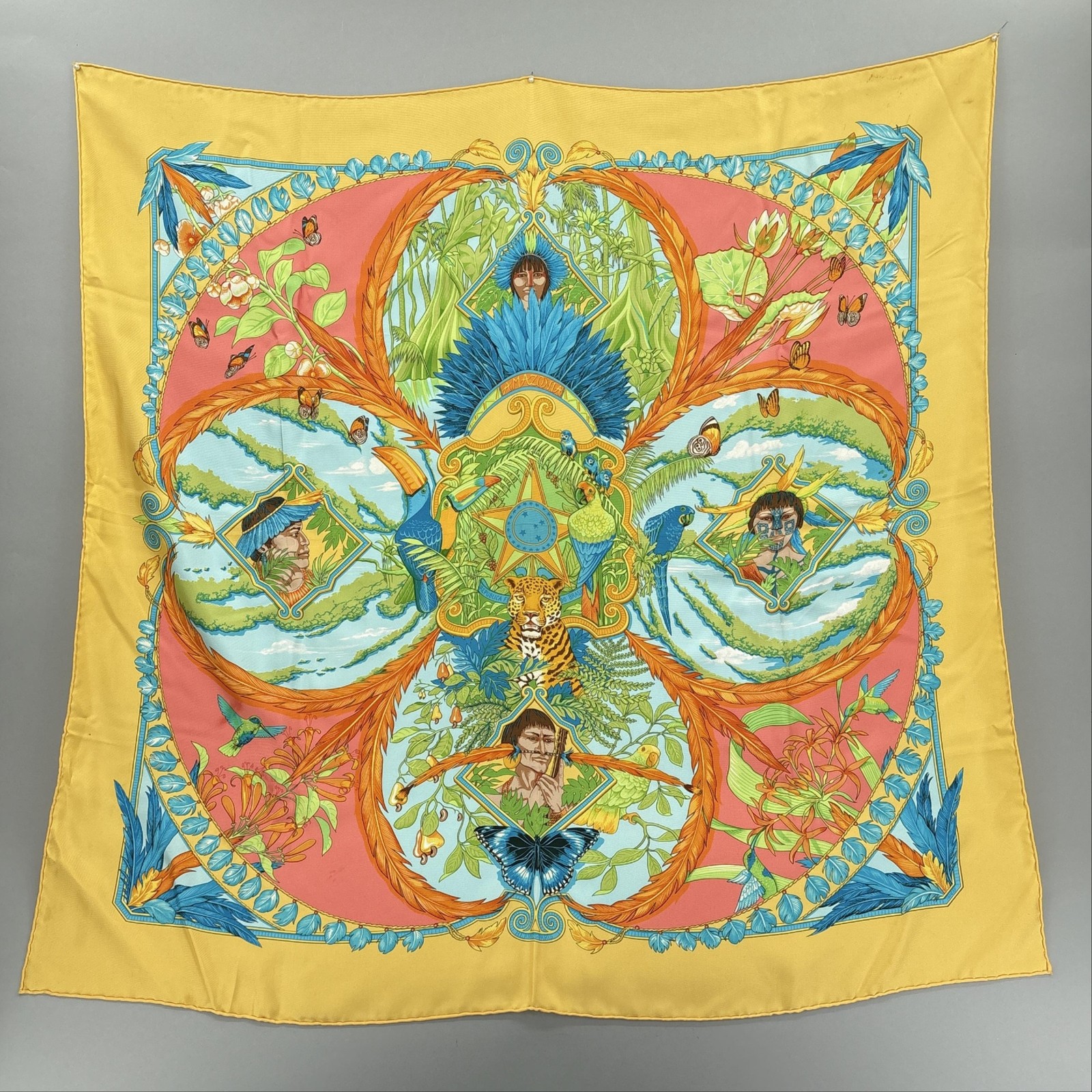 Hermes Scarf Multicolor Amazonia Jungle Silk Square Print Box Carre 90 35x35