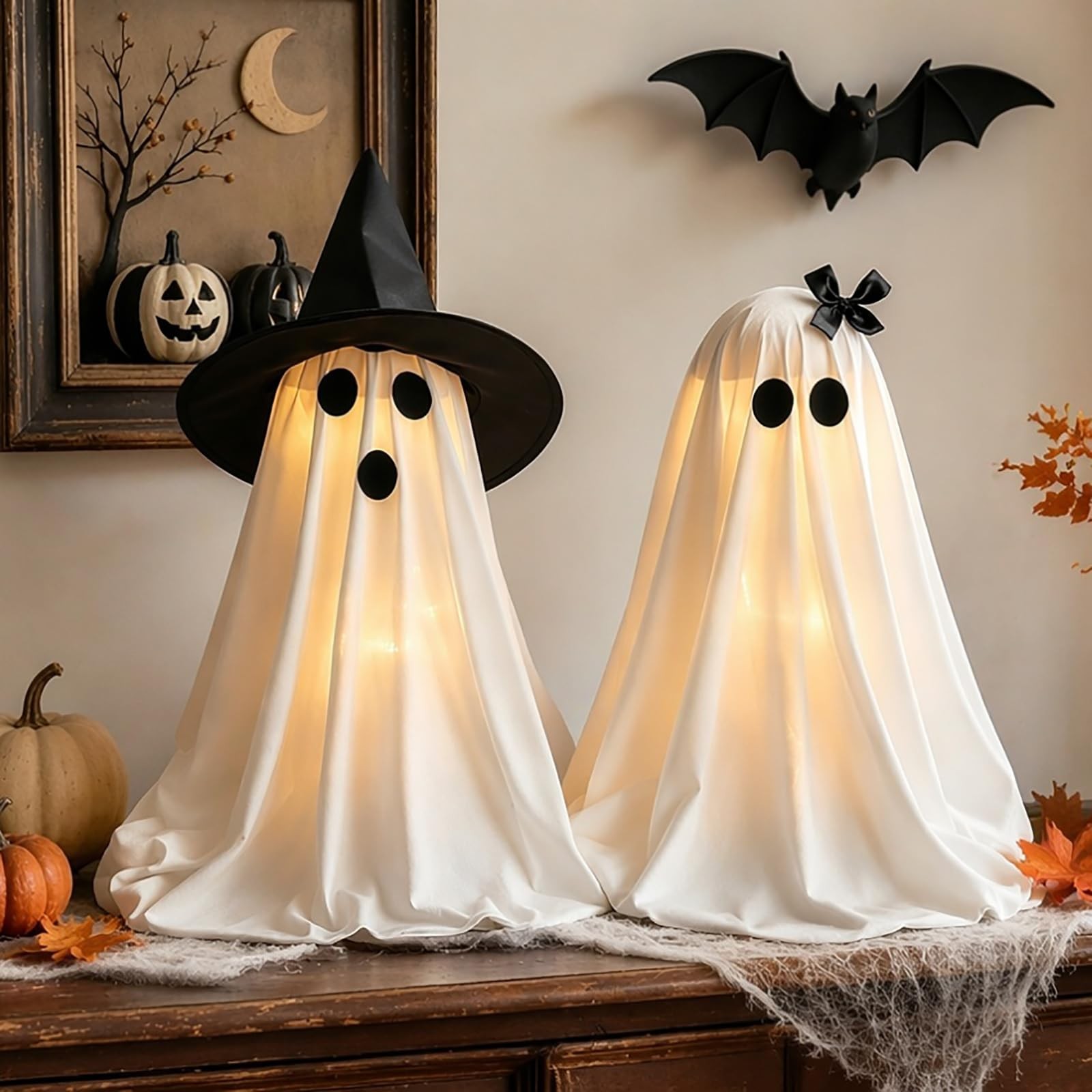 Halloween Decorations Light-Up Ghosts with Witch Hats, Indoor 21.5inch, White Halloween Decorations Light-Up Ghosts with Witch Hats, Indoor 21.5inch, White