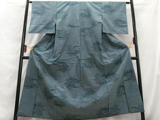 Authentic Oshima Tsumugi silk japanese kimono with landscape pattern, pure silk