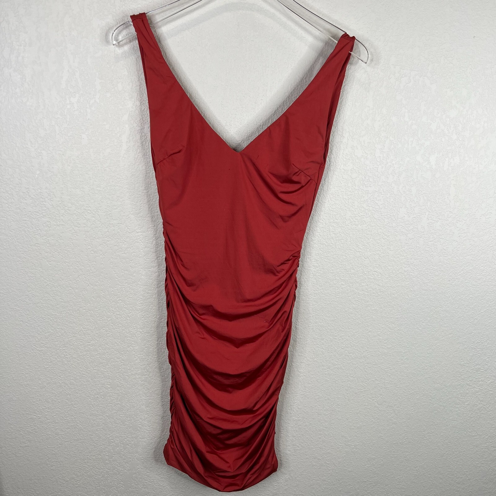 Tiger Mist Bodycon Mini Dress Size Small S Orange Sleeveless V Neck Ruched Party