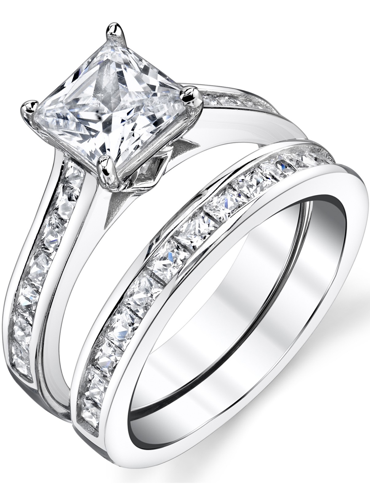 4.3 Ct. Sterling Silver Princess Cut Bridal Set Engagement Wedding Ring Bands