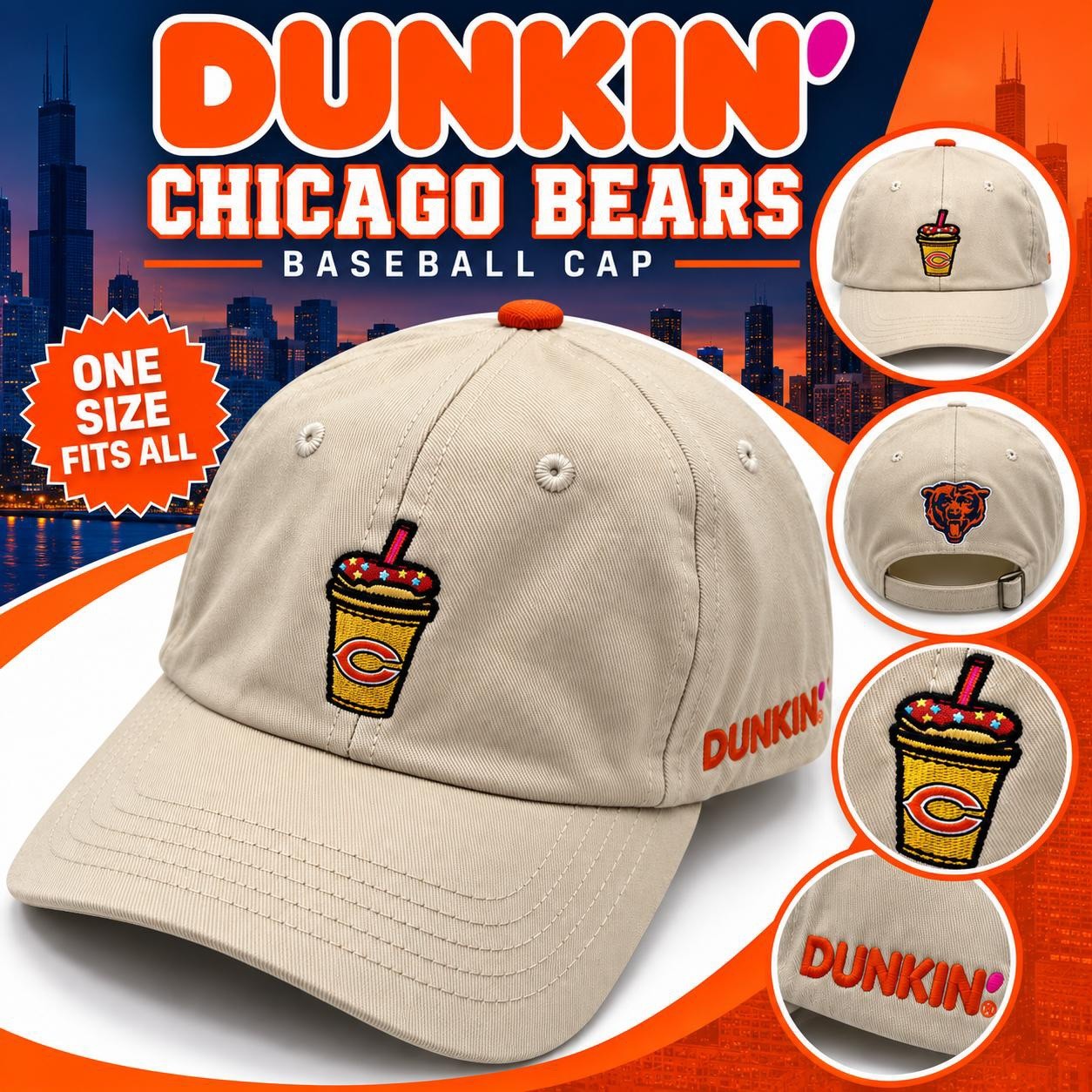 Dunkin\' Donuts Chicago Bears x Adjustable One Size Baseball Cap (embroidered) Dunkin\' Donuts Chicago Bears x Adjustable One Size Baseball Cap (embroidered)