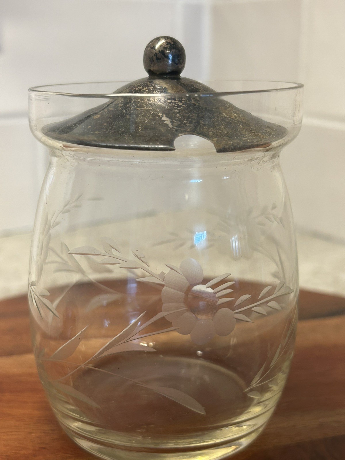 Antique 20th C lidded Etched Glass Condiment Jelly Jar Container 