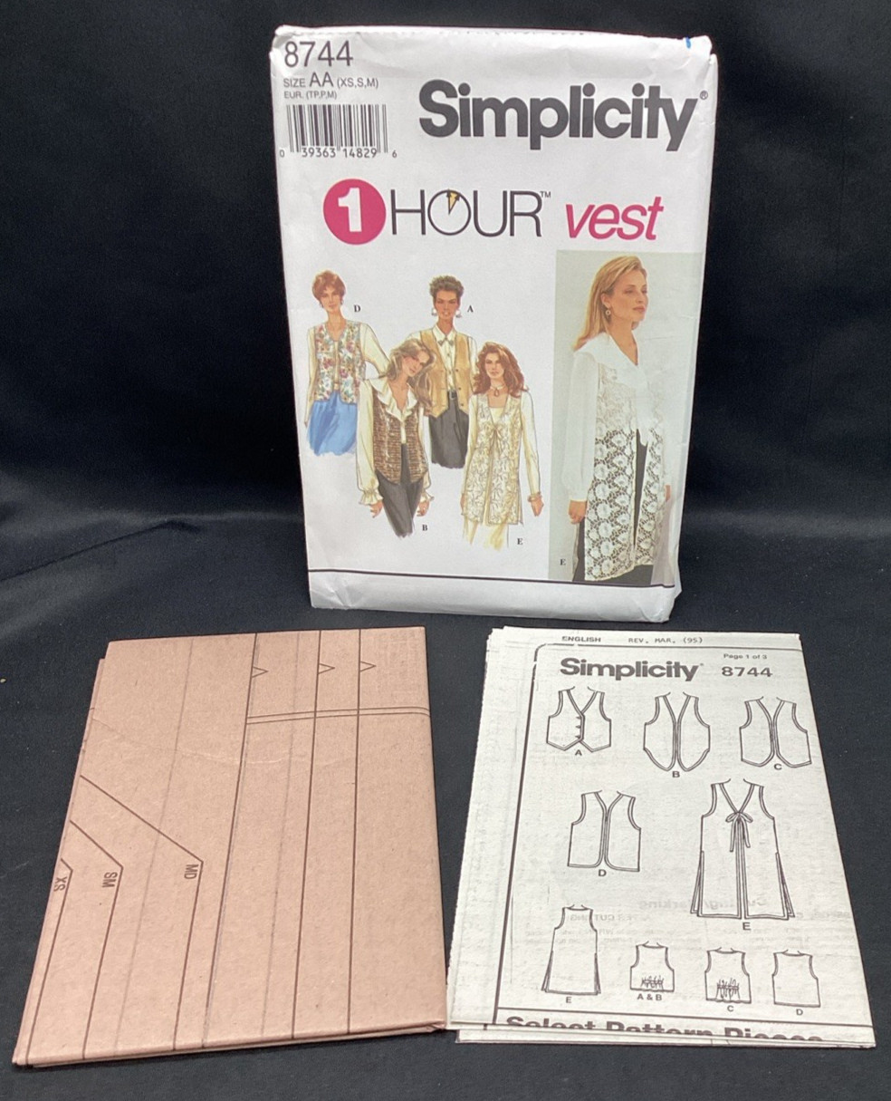 Vtg Sewing Pattern, Simplicity 8744, 1 Hour Vest, 6- 16, Uncut - ships free