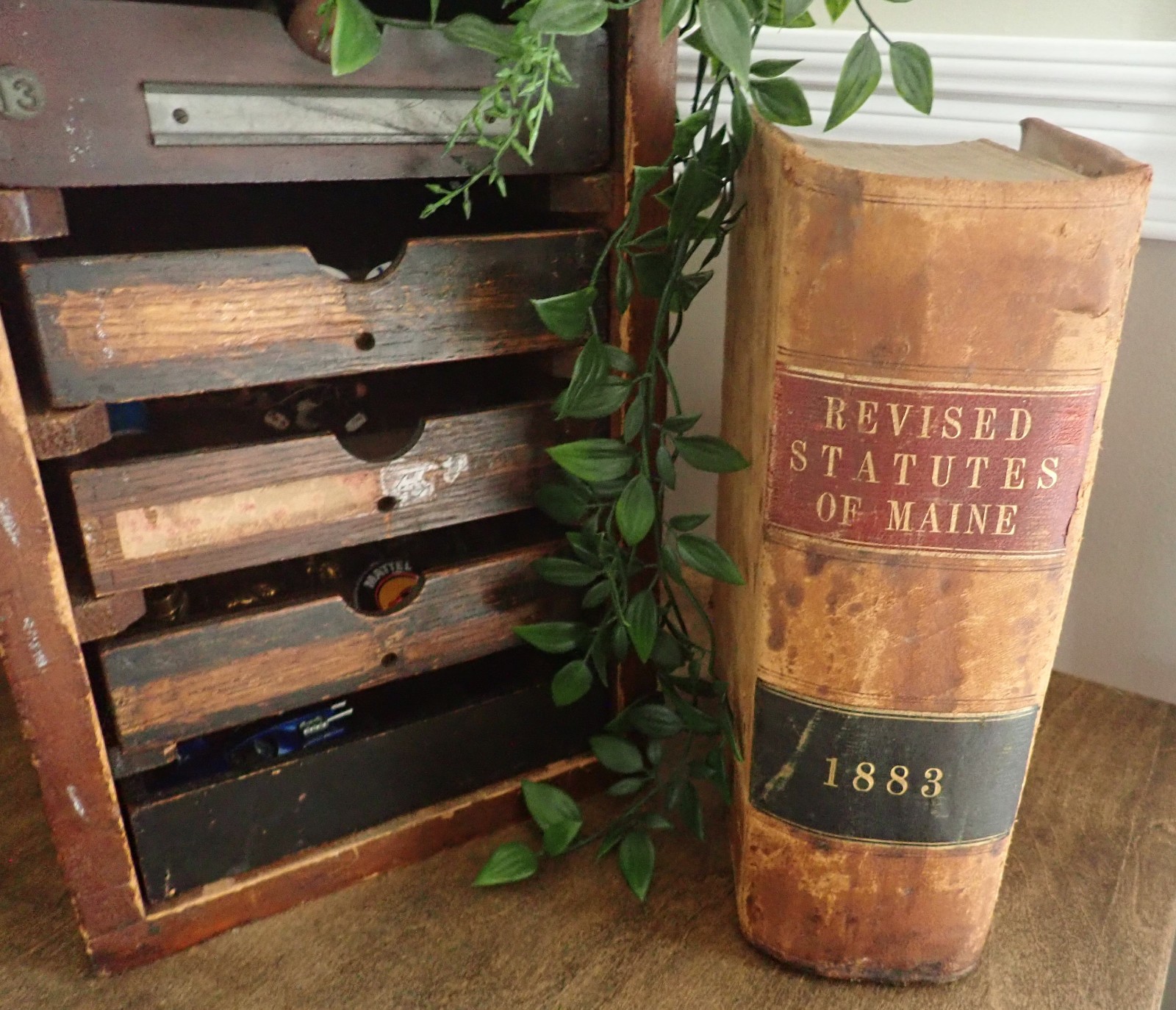 ANTIQUE 1883  Statutes of Maine Leather Decor Large Book Law Signed P. Hilton