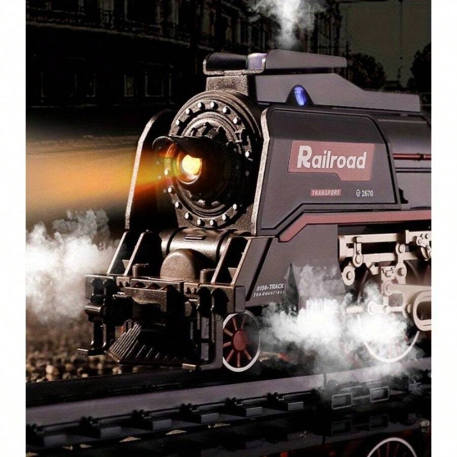 Rechargeable Toy Steam Train Set with Carriages, Track, Lights & Mist Effect