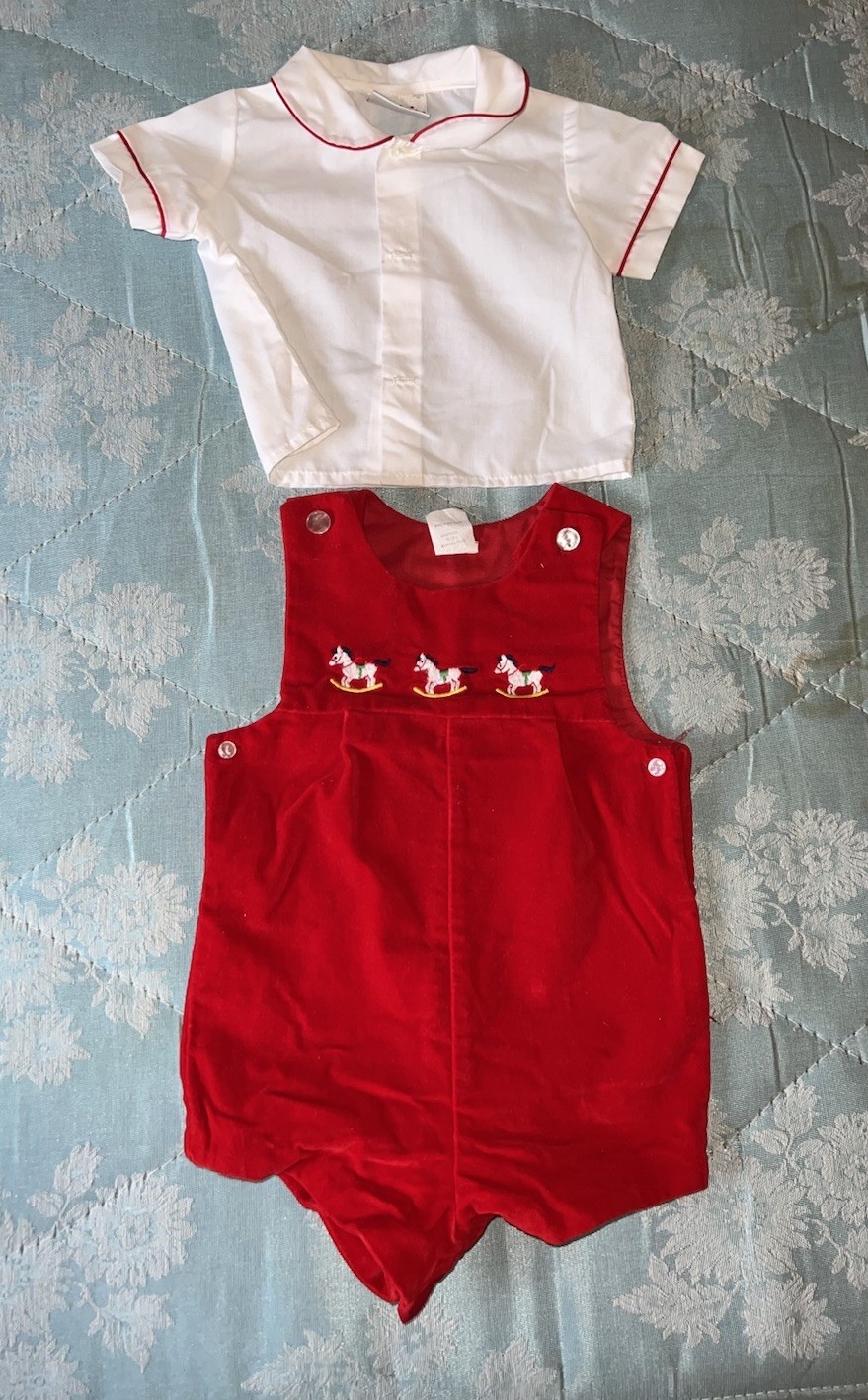 Vintage Baby Togs 18 Months Red Velour Romper Shirt Set Rocking Horse