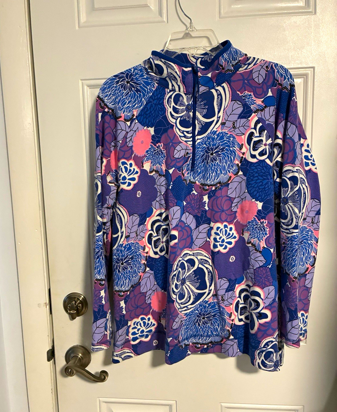 Talbots Women\'s L Blue Purple Pink Floral Mock Neck 1/4 Zip Knit Top