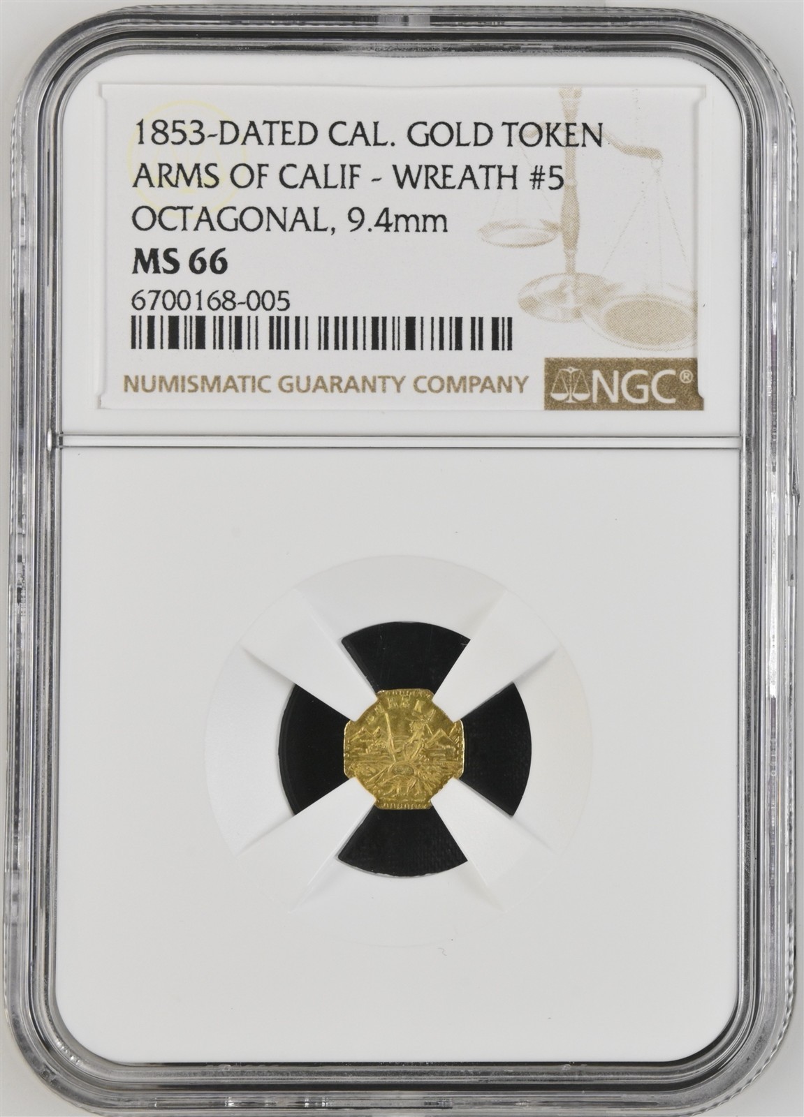 1853 California Fractional Gold, Arms of Calif - #5 / NGC MS66 GEM BU / HR6 1853 California Fractional Gold, Arms of Calif - #5 / NGC MS66 GEM BU / HR6