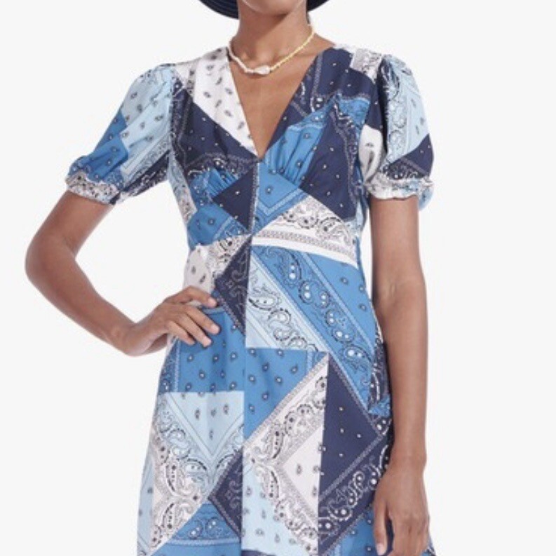 STAUD Milla Midi Dress Patchwork Bandana Capri w/ Short Puff Sleeves & Slit