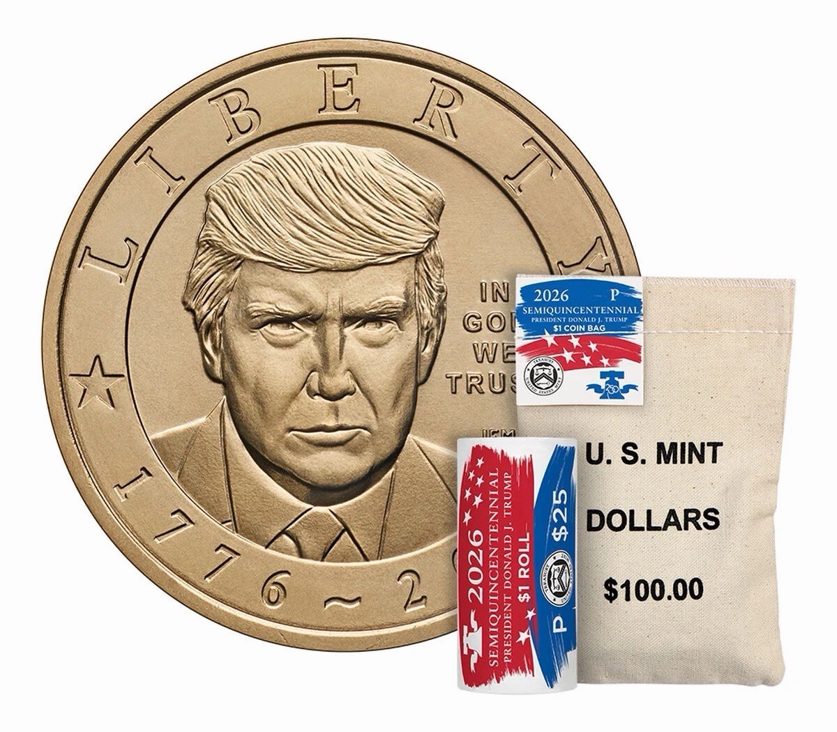 2026-P Donald Trump Semiquincentennial $1 Coin 100-Coin Bag 26SQBP - Sealed Box 2026-P Donald Trump Semiquincentennial $1 Coin 100-Coin Bag 26SQBP - Sealed Box