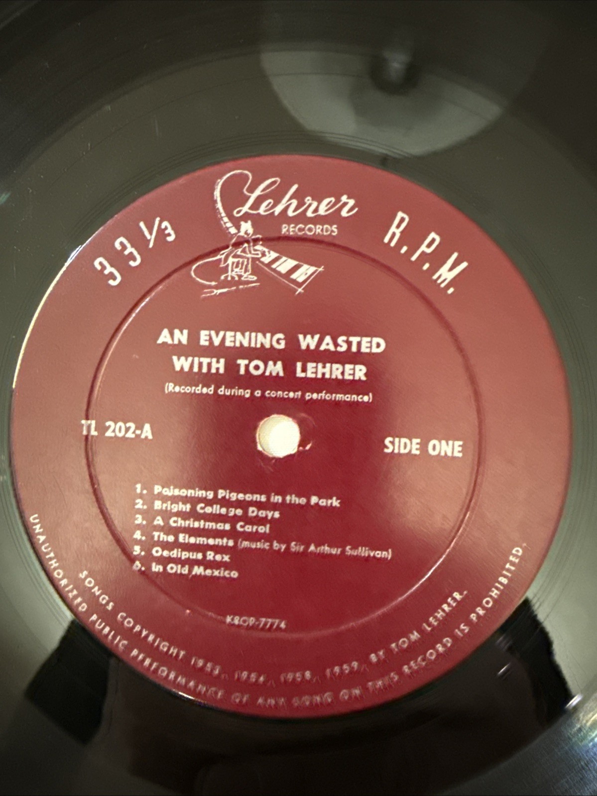 Tom Lehrer an Evening Wasted with Tom Lehrer LP Lehrer Records TL202 Tom Lehrer an Evening Wasted with Tom Lehrer LP Lehrer Records TL202