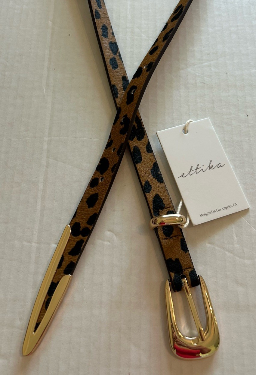 NWT Bloomingdale’s Ettika Cheetah Print Leather Skinny Belt Gold Buckle Sz Large