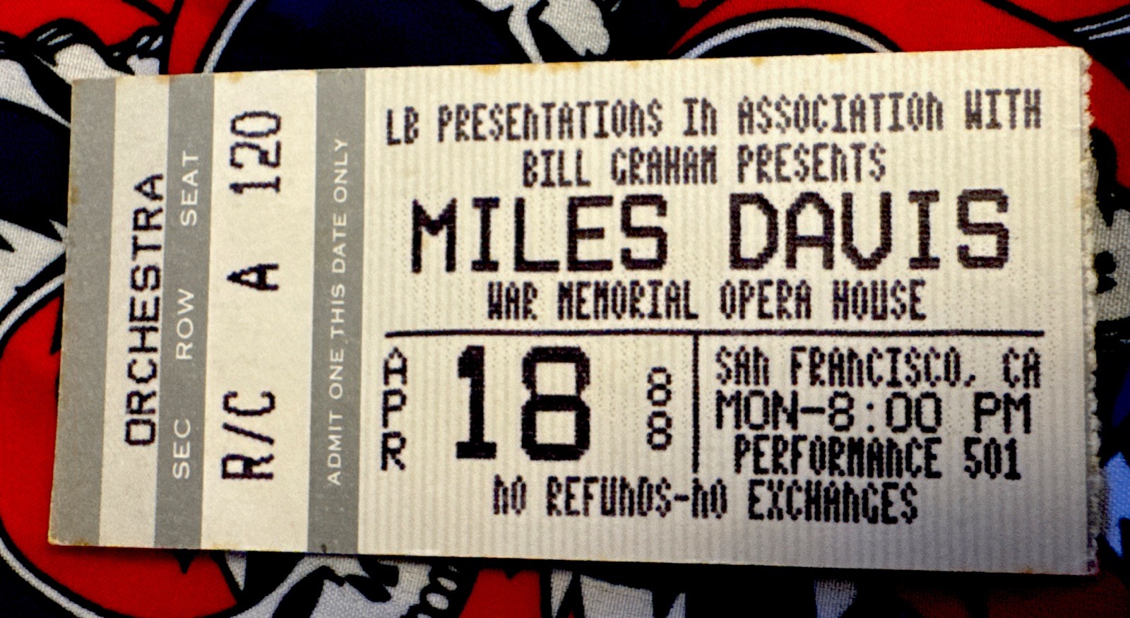 MILES DAVIS - APRIL 18, 1988 - WAR MEMORIAL OPERA HOUSE SAN FRANCISCO - TICKET