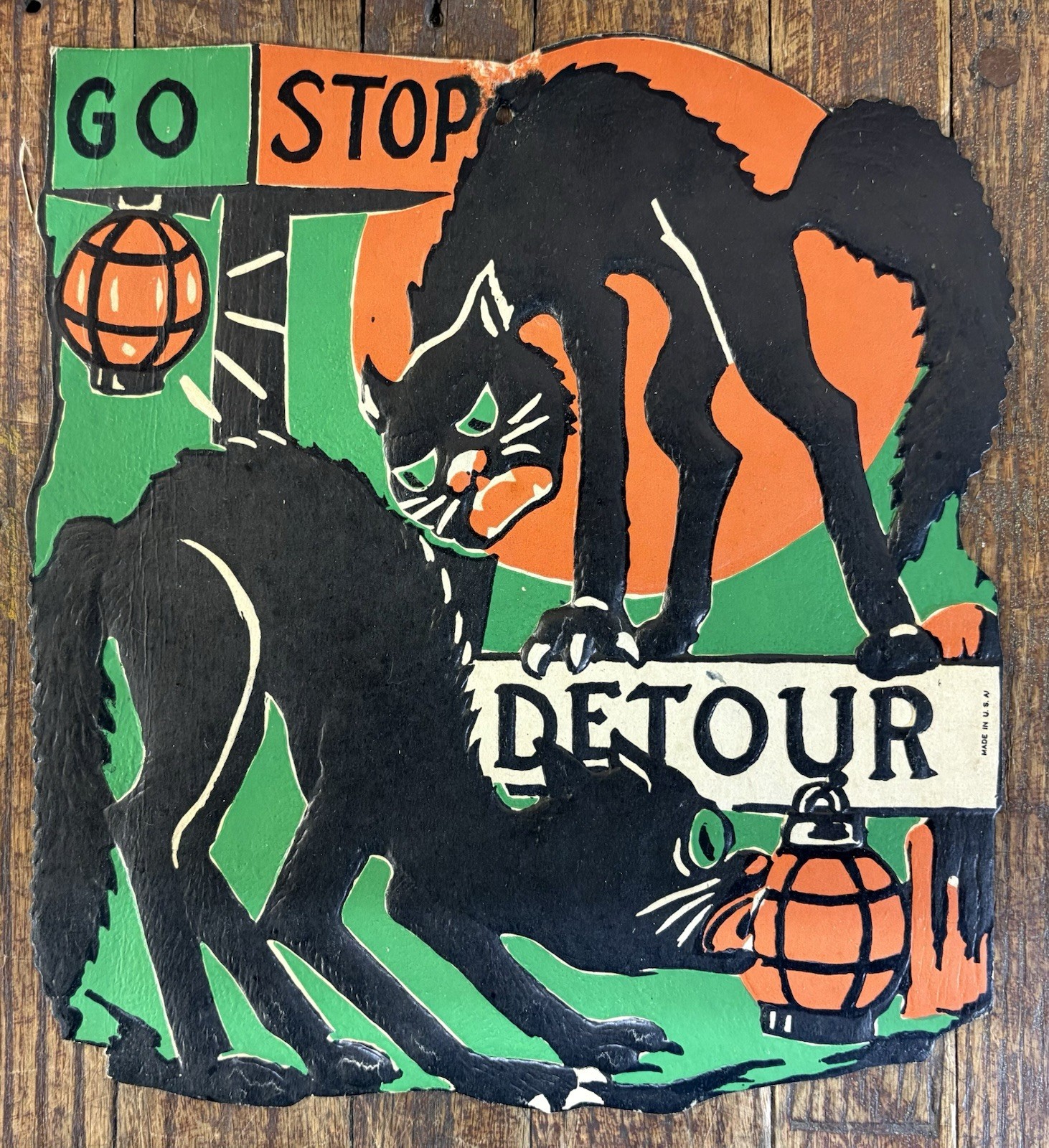 Vintage 1930s Beistle Halloween Die Cut Black Cats Go Stop Detour 8x9 Vintage 1930s Beistle Halloween Die Cut Black Cats Go Stop Detour 8x9