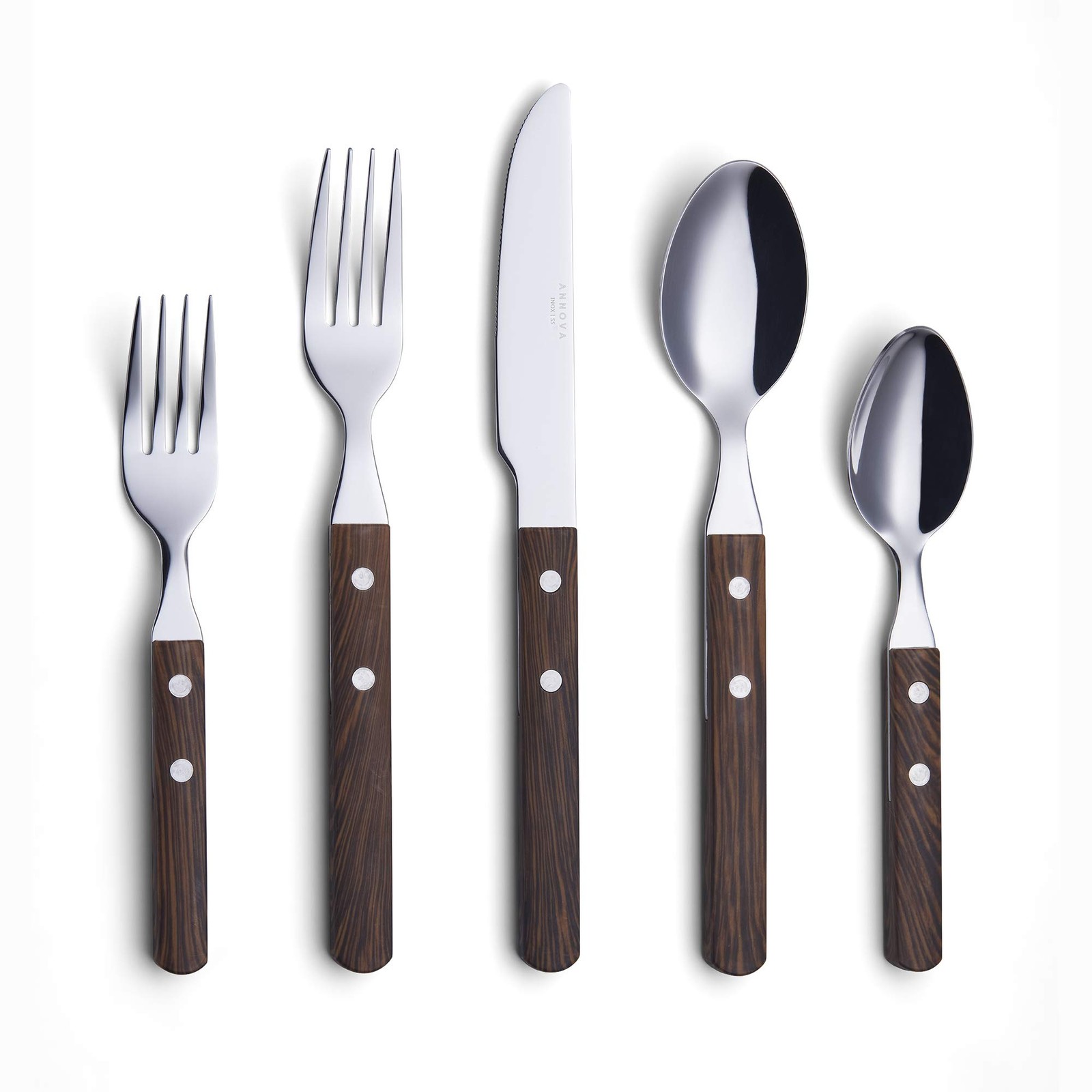 20 Piece Silverware Set, Service for 4, Stainless Steel Retro/Rivet Walnut Wood