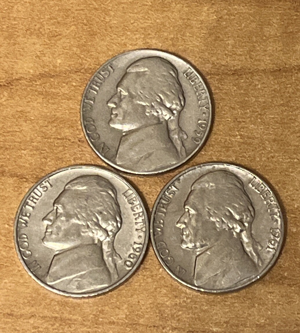 1959-P , 1960-P , 1961-P Jefferson Nickels ( set of 3 ) 