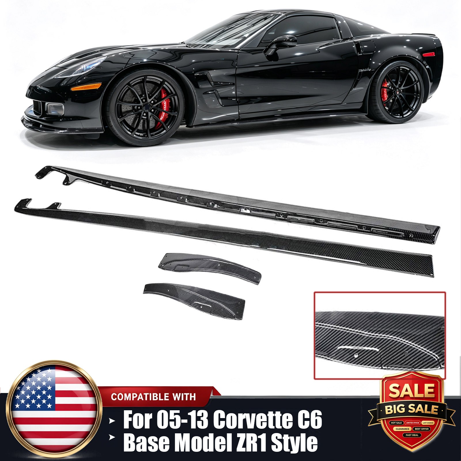 Hydro Carbon Fiber Side Skirts For 05-13 Corvette C6 Z06 | ZR1 Style & Mud Flaps