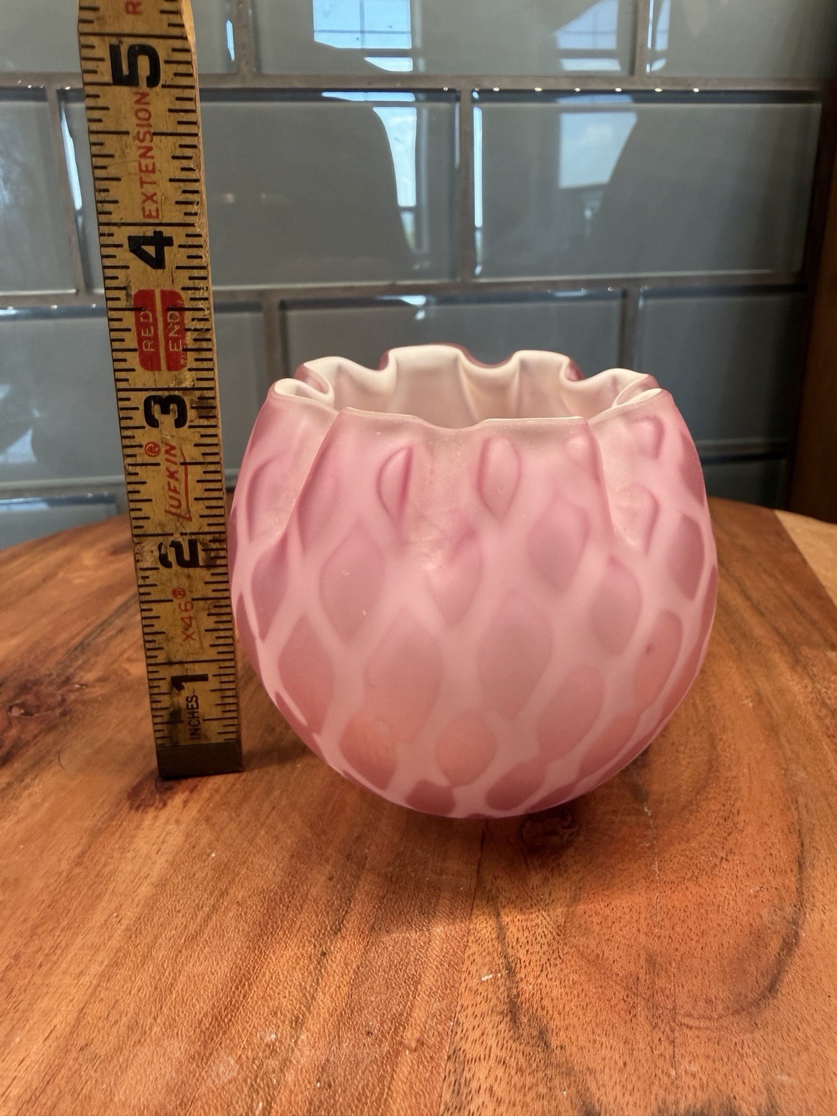 Antique Mt. Washington Diamond Quilted Pink Satin glass Rose Bowl  3x3