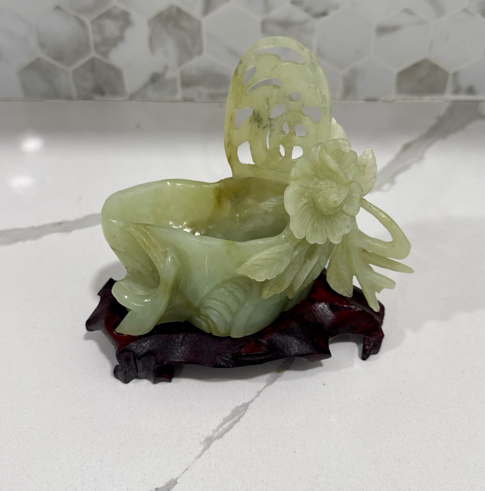 Vintage Chinese Carved Celadon Hardstone Jade Brush Washer Bowl W/Wood Stand