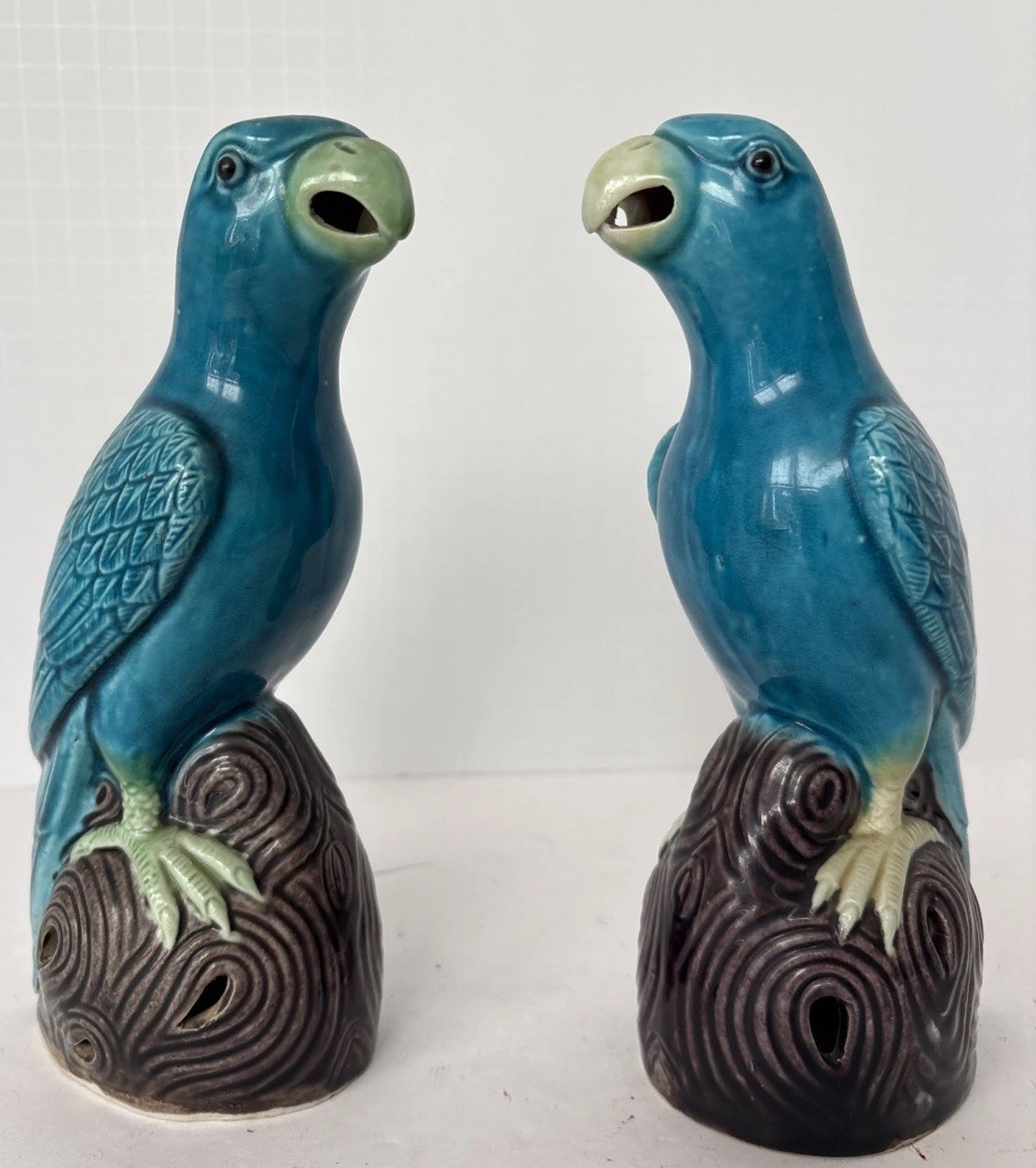Antique PAIR Chinese Export Turquoise Glazed Porcelain Parrots Chinoiserie Birds