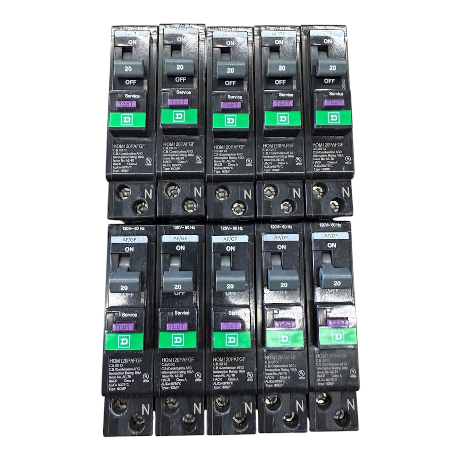 10 PCS Square D HOM120PAFGF 20A 1 Pole Plug-On Neutral Dual Function Breaker