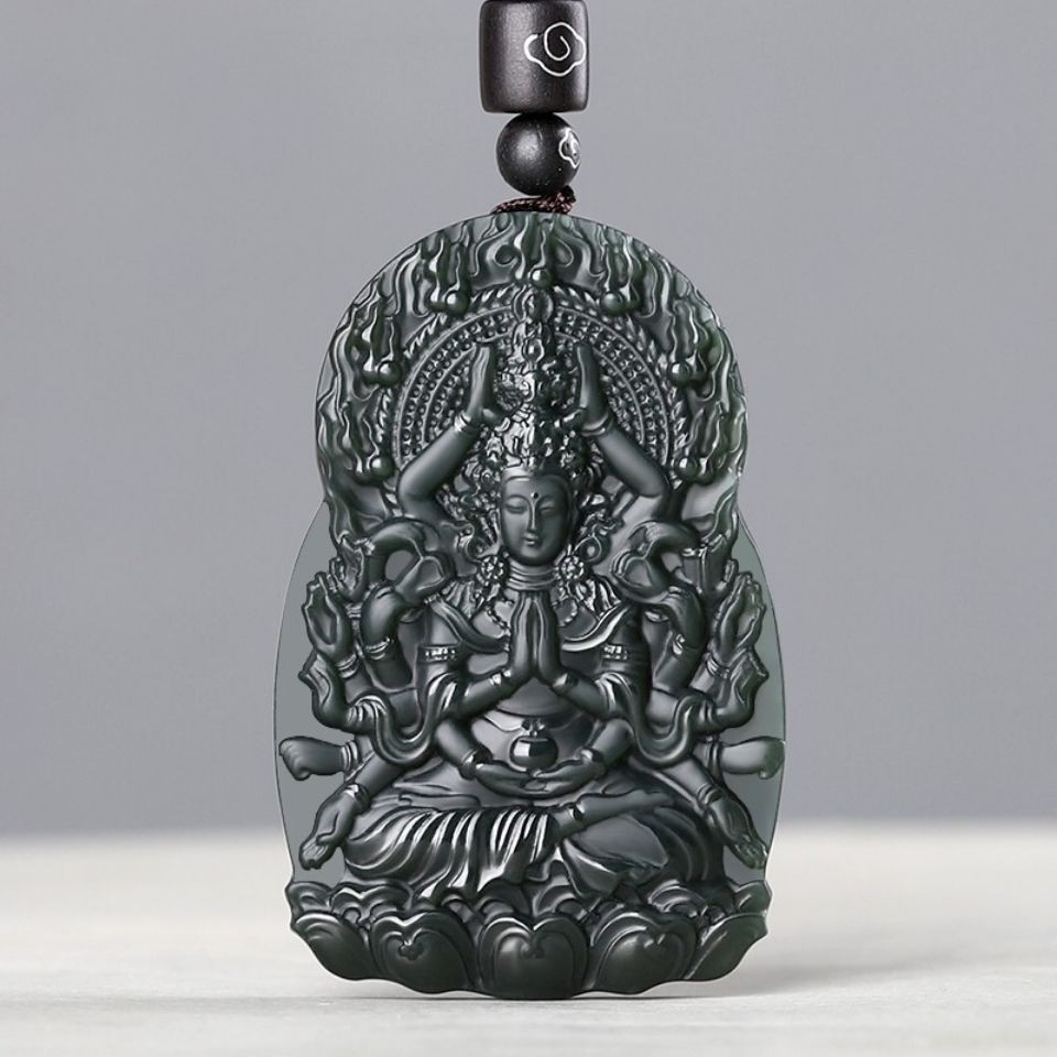100% Chinses Hetian Jade Hand-carved Goddess of Mercy Necklace Pendant Amulet