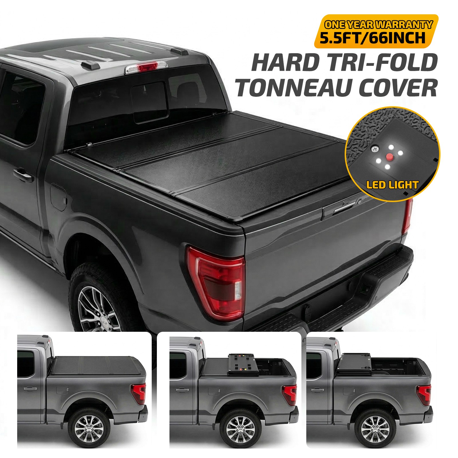 5.5FT Hard Tri-Fold Tonneau Cover for 2015-2026 Ford F150 Bed Locking
