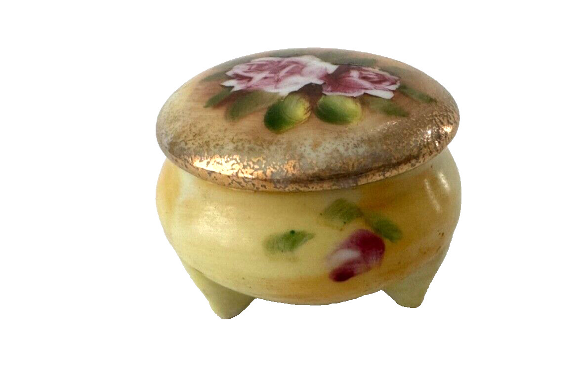 Trinket Box Vintage ENESCO Yellow Pink Hand Painted Roses Gold Trim Trinket Box Vintage ENESCO Yellow Pink Hand Painted Roses Gold Trim