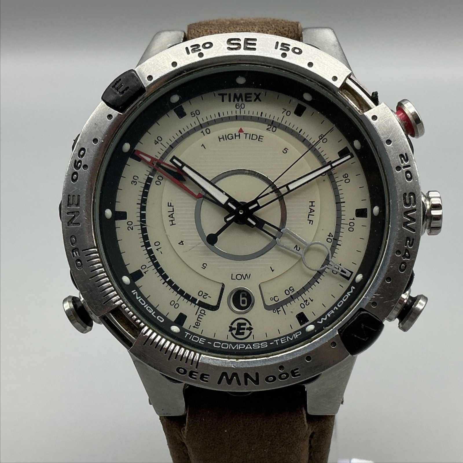 Timex Intelligent Tide Mens Watch 45mm Silver Tone Brown Leather New Battery